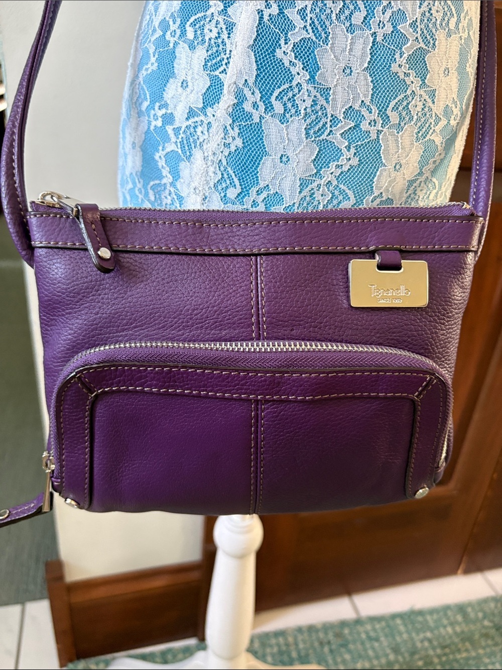 Tignanello Crossbody Bag built in Wallet leather purple Silvertone hardw NWOT